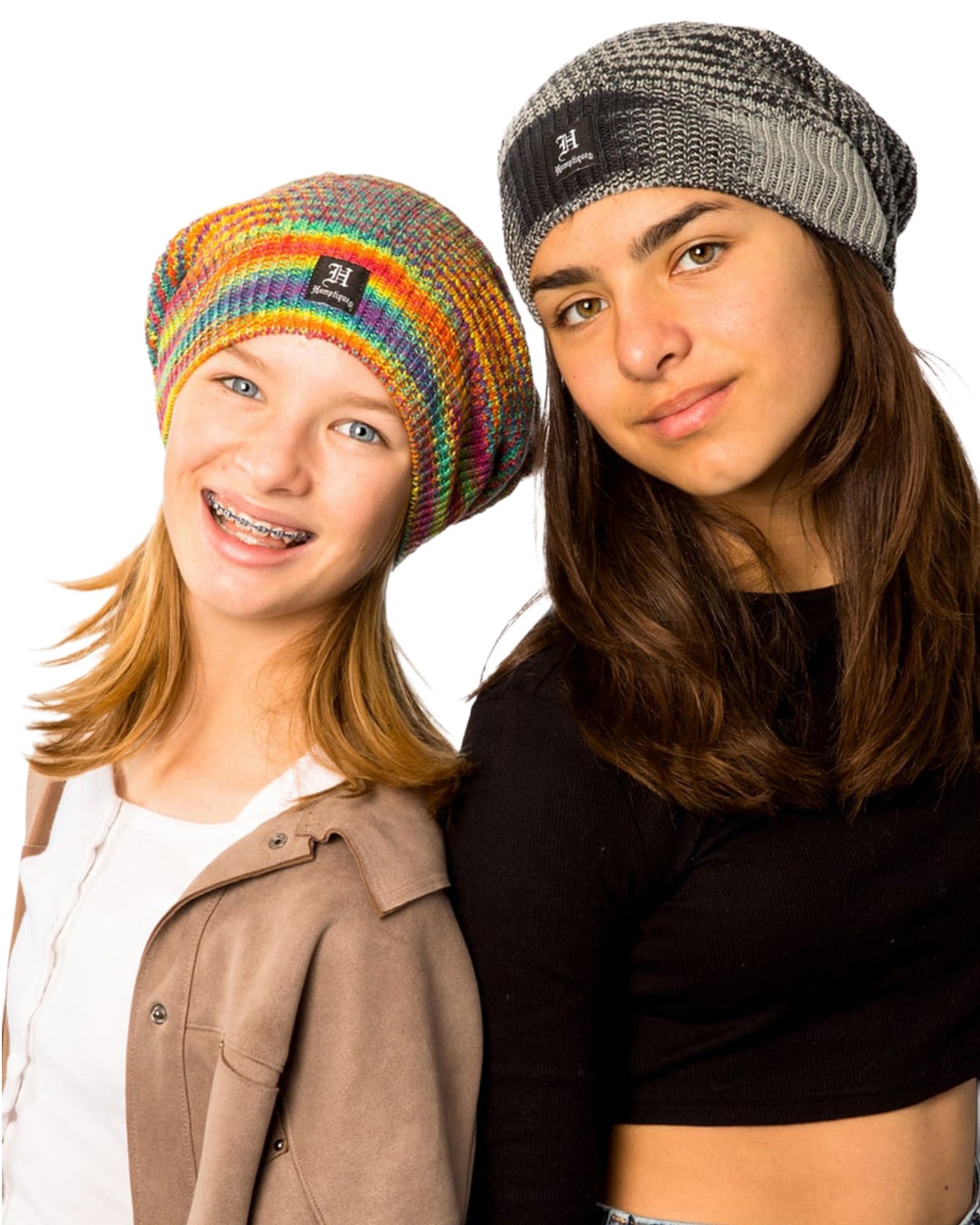 Two people wearing long-style hemp knit beanies in rainbow and grey
