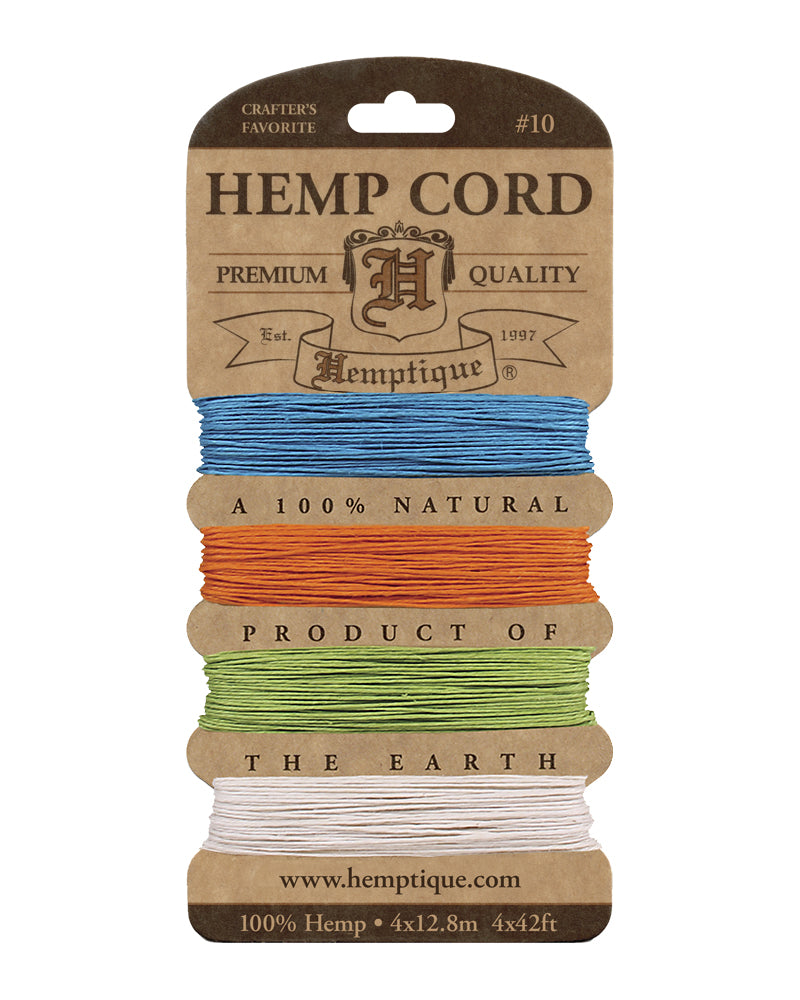 Cards of 0.5mm hemp cord in bright colors