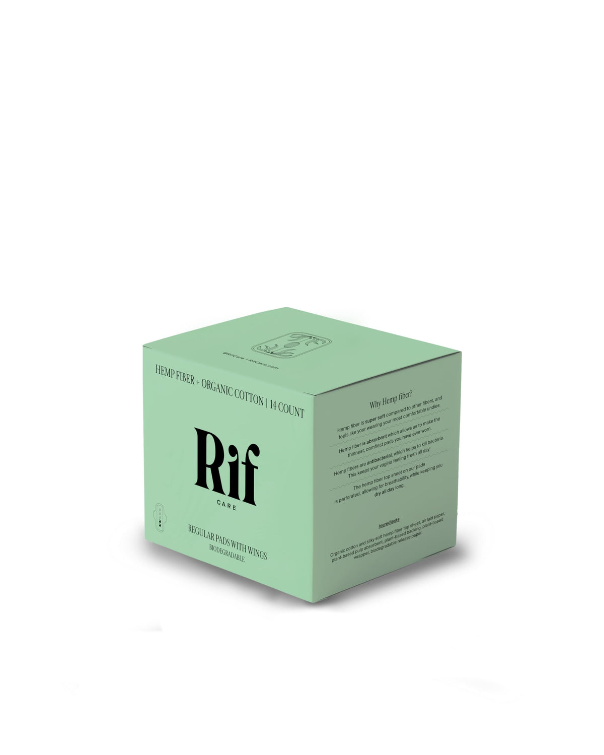 Rif Care Organic Regular Hemp Fiber Menstrual Pads with Wings, 14 Count