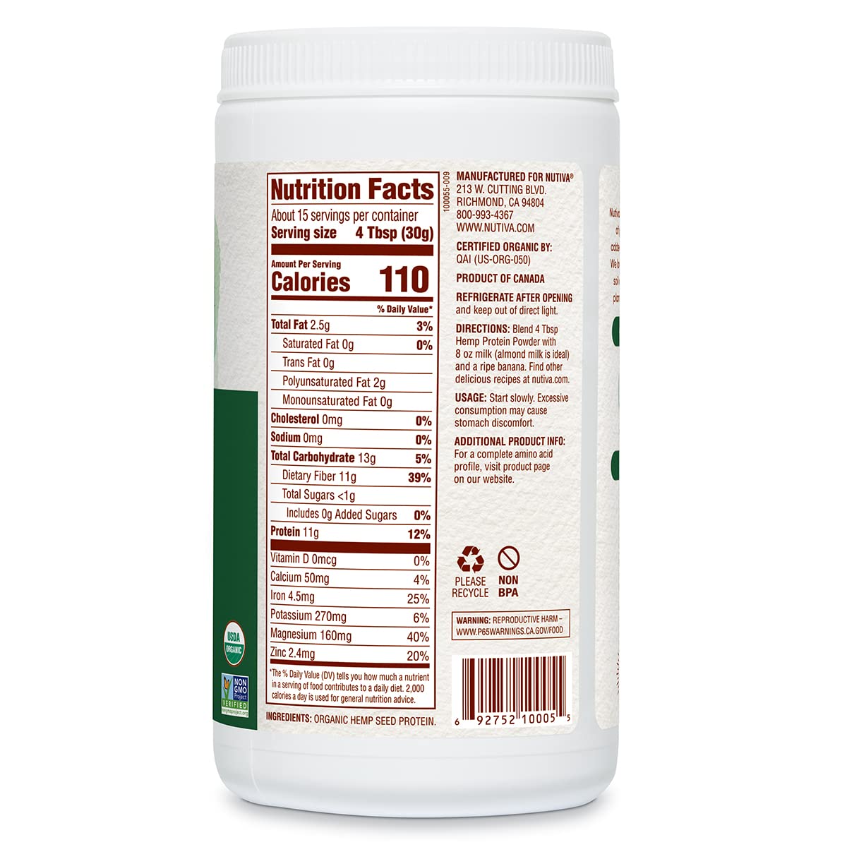 Nutiva Organic Hemp Protein Powder, 16 Oz