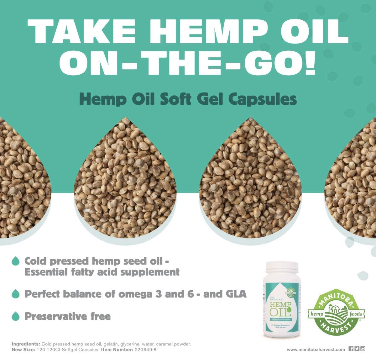 Manitoba Harvest Hemp Oil Softgels, 1000 Mg, 60 Count, Essential Fatty Acids Supplement