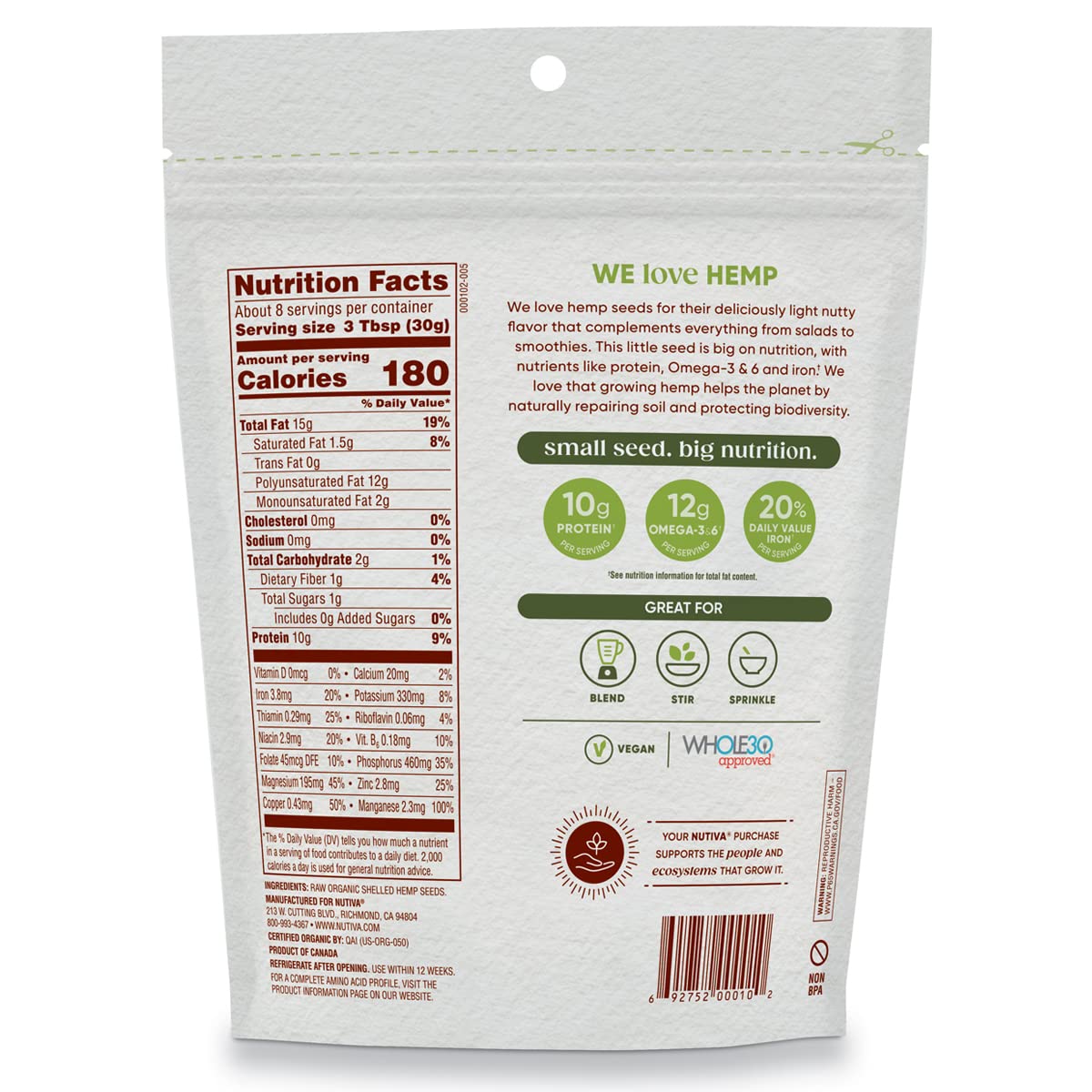 Nutiva Organic Shelled Hempseed, 8 oz, Pack of 6