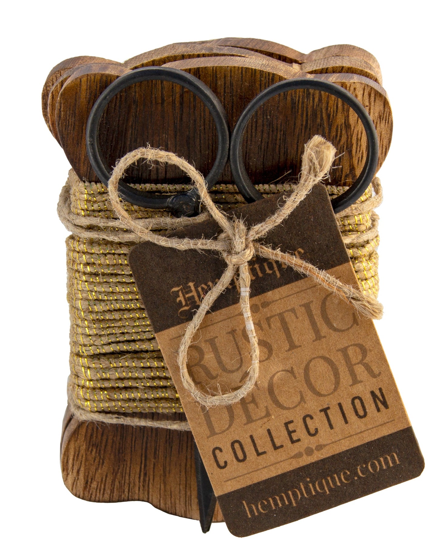 Set of 3 Wood Bobbin Cards with Metallic Jute Cord & Scissors