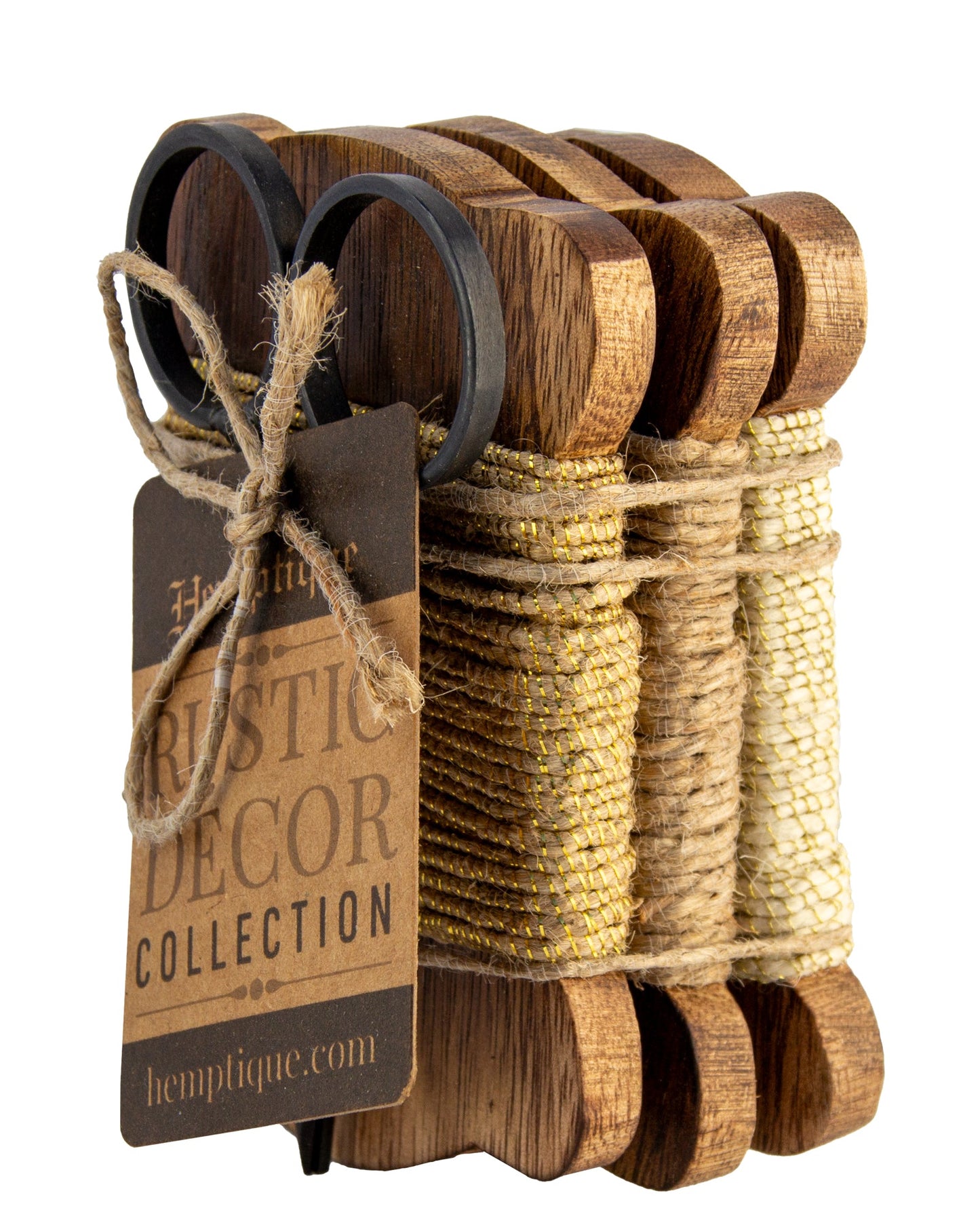 Set of 3 Wood Bobbin Cards with Metallic Jute Cord & Scissors