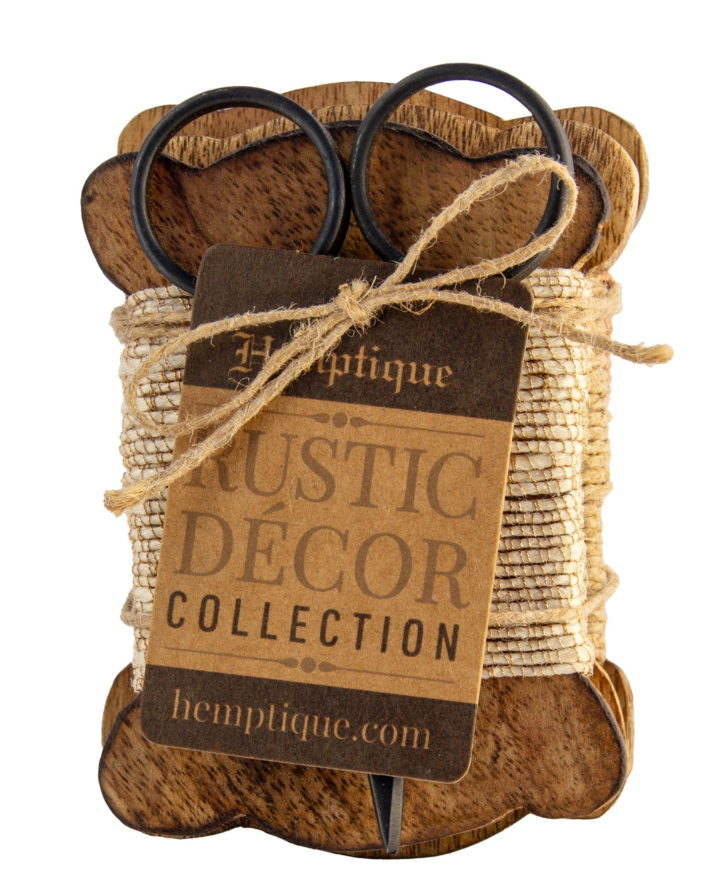 Set of 3 Wood Bobbin Cards with Metallic Jute Cord & Scissors