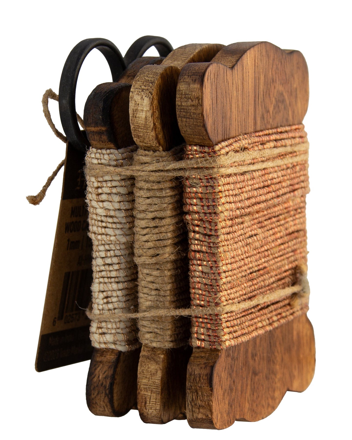 Set of 3 Wood Bobbin Cards with Metallic Jute Cord & Scissors