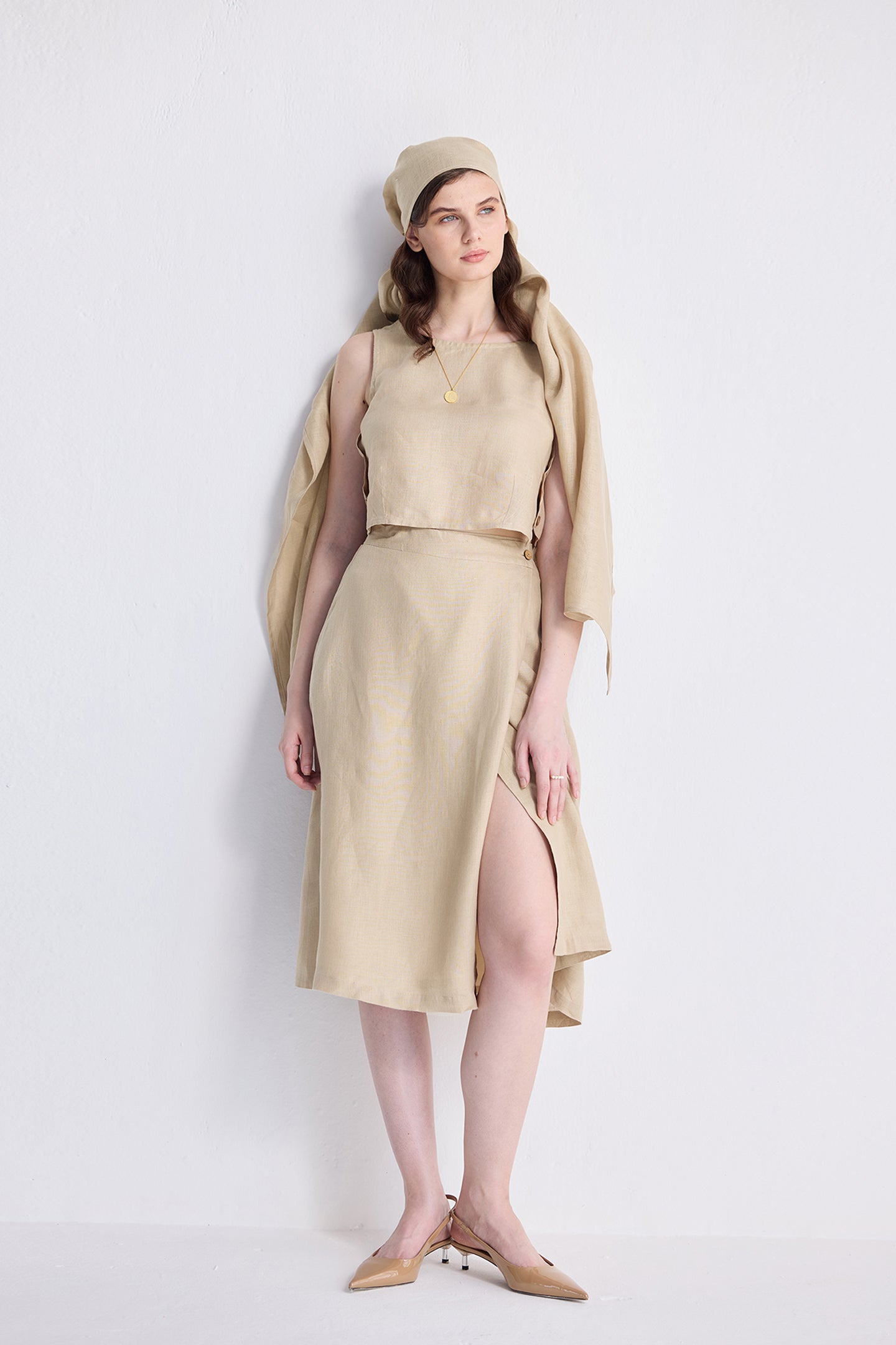 Overlap Midi Skirt in Neutral Beige