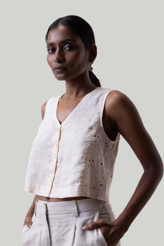 Cropped Vest Shirt in Pink Embroidery