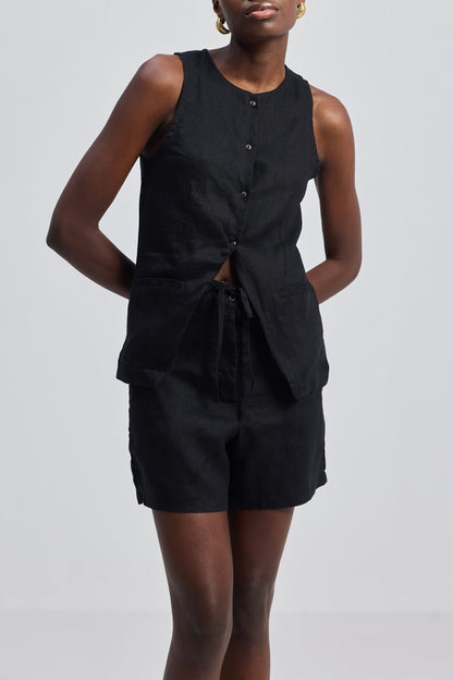 Hemp Vest Jacket Set in Black