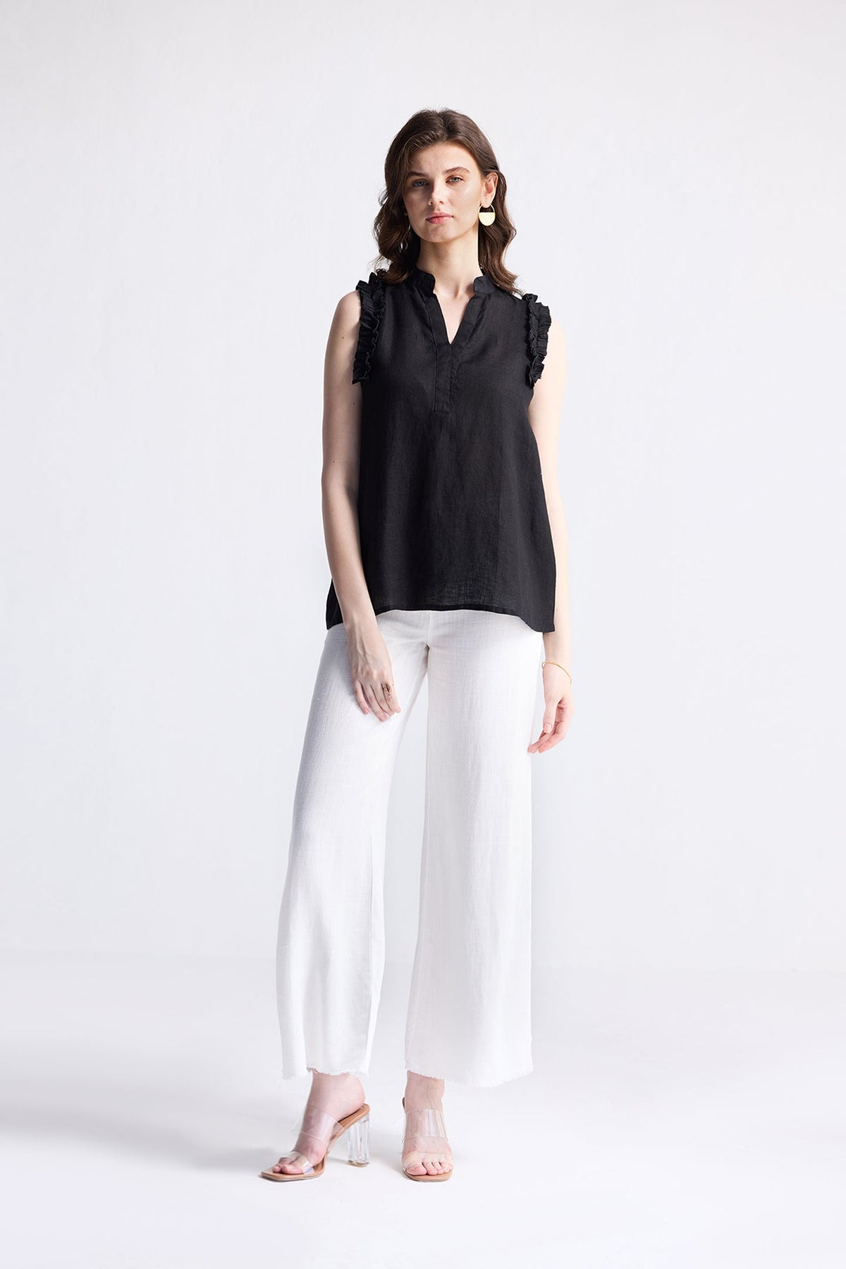 Sleeveless Hemp Top with Ruffles in Black