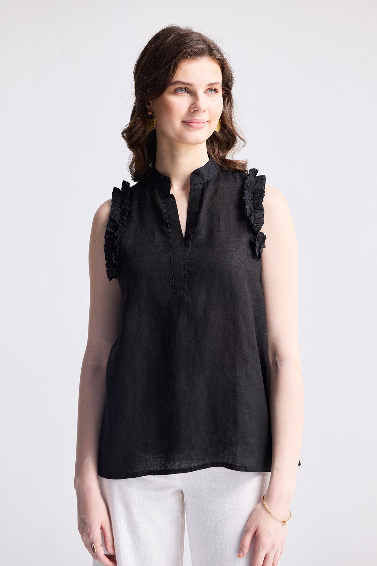 Sleeveless Hemp Top with Ruffles in Black