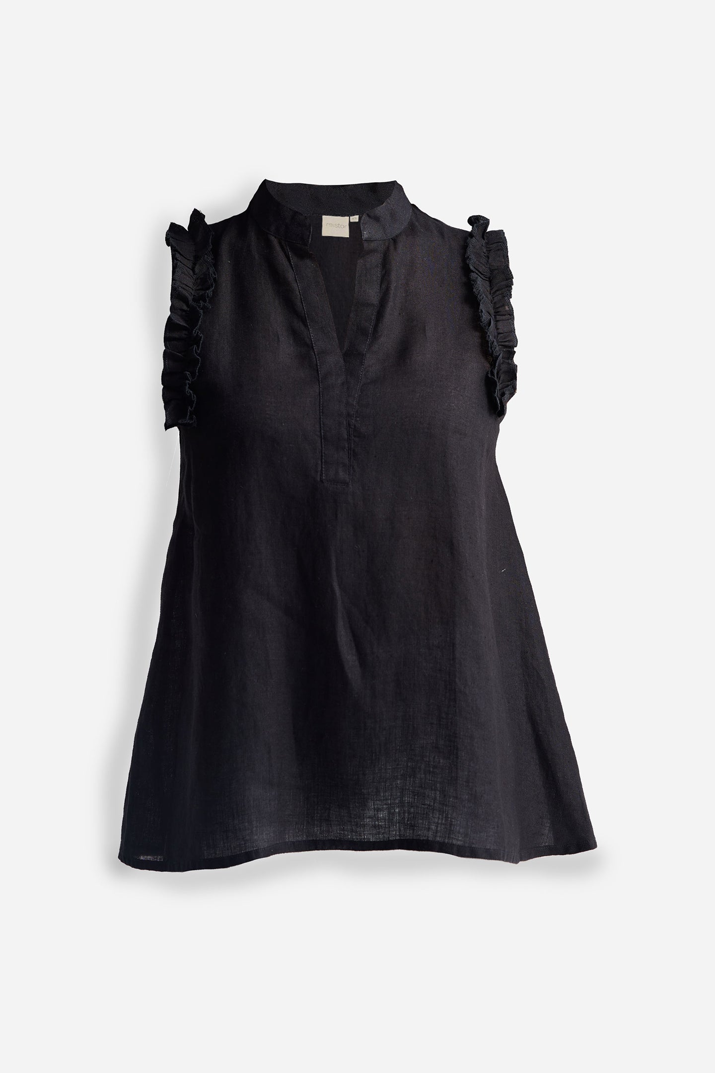 Sleeveless Hemp Top with Ruffles in Black