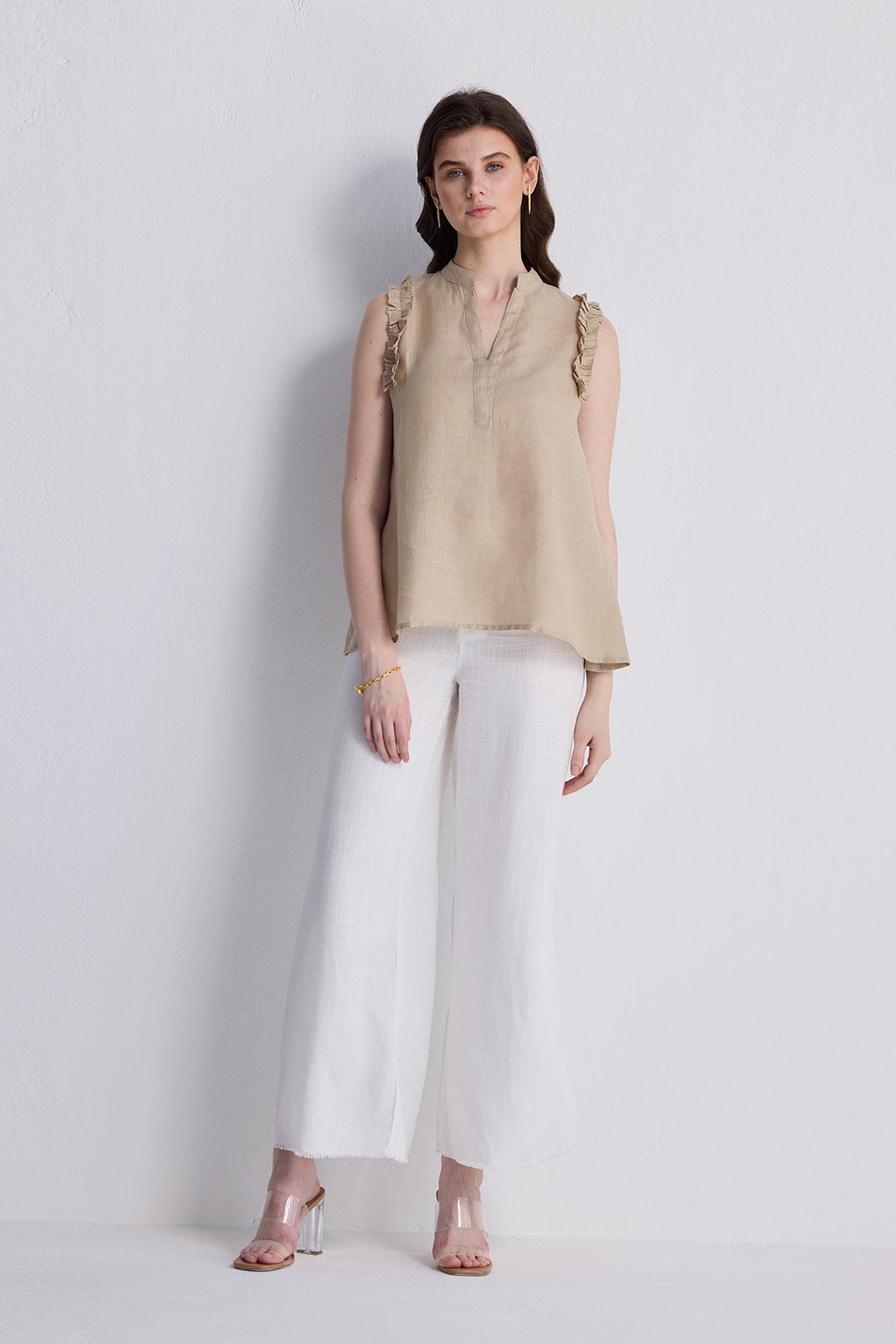 Sleeveless Hemp Top with Ruffles in Neutral Beige