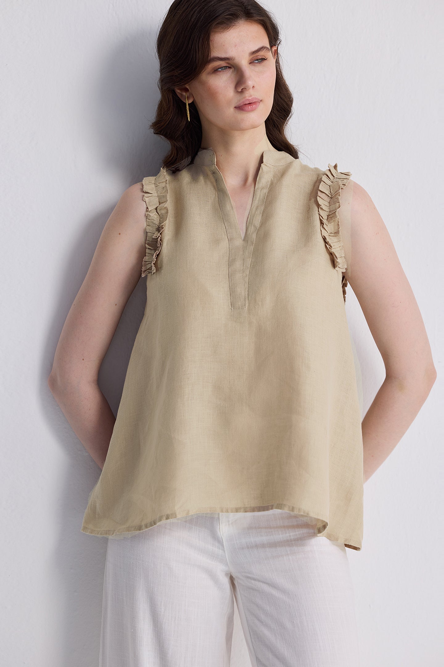 Sleeveless Hemp Top with Ruffles in Neutral Beige