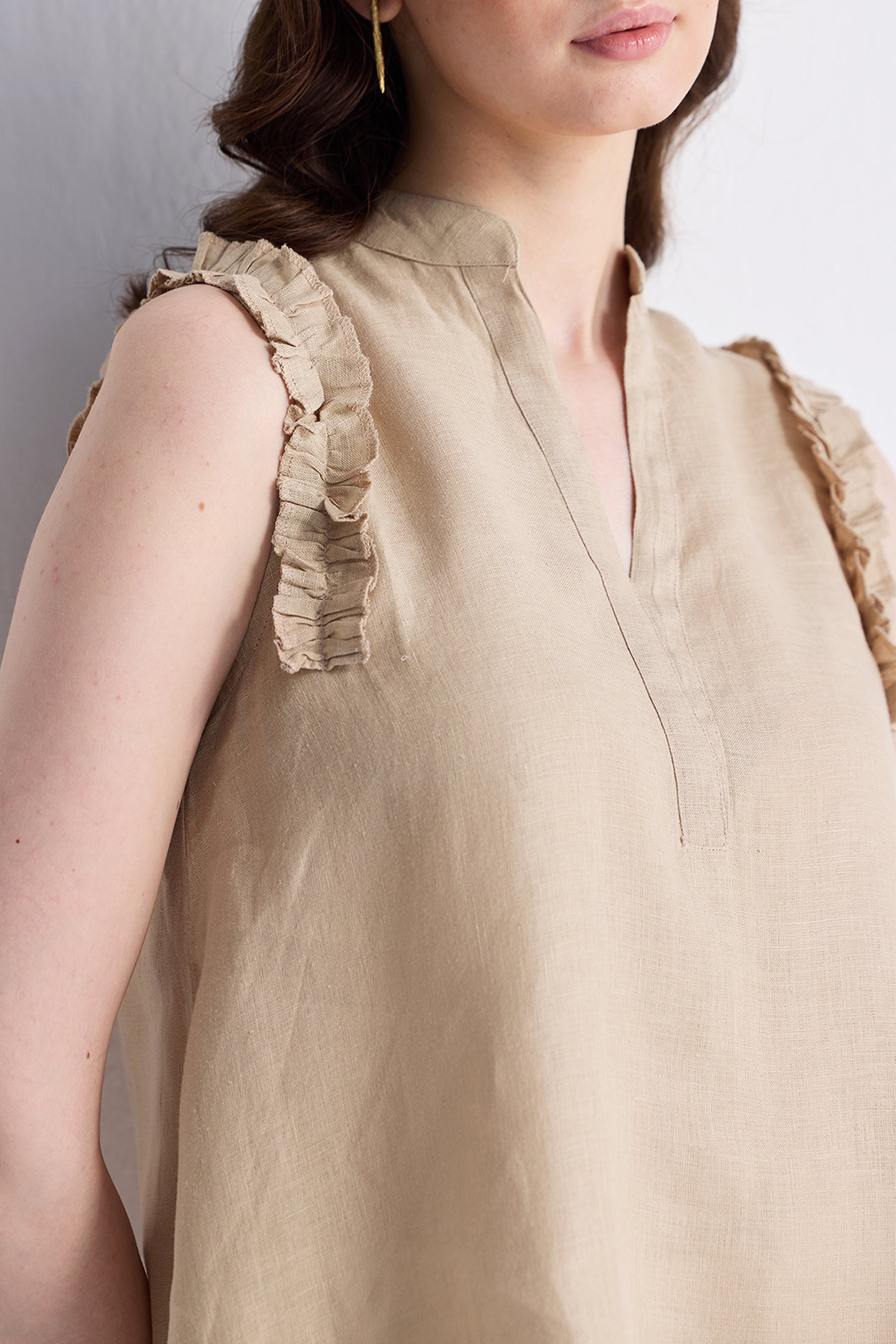 Sleeveless Hemp Top with Ruffles in Neutral Beige