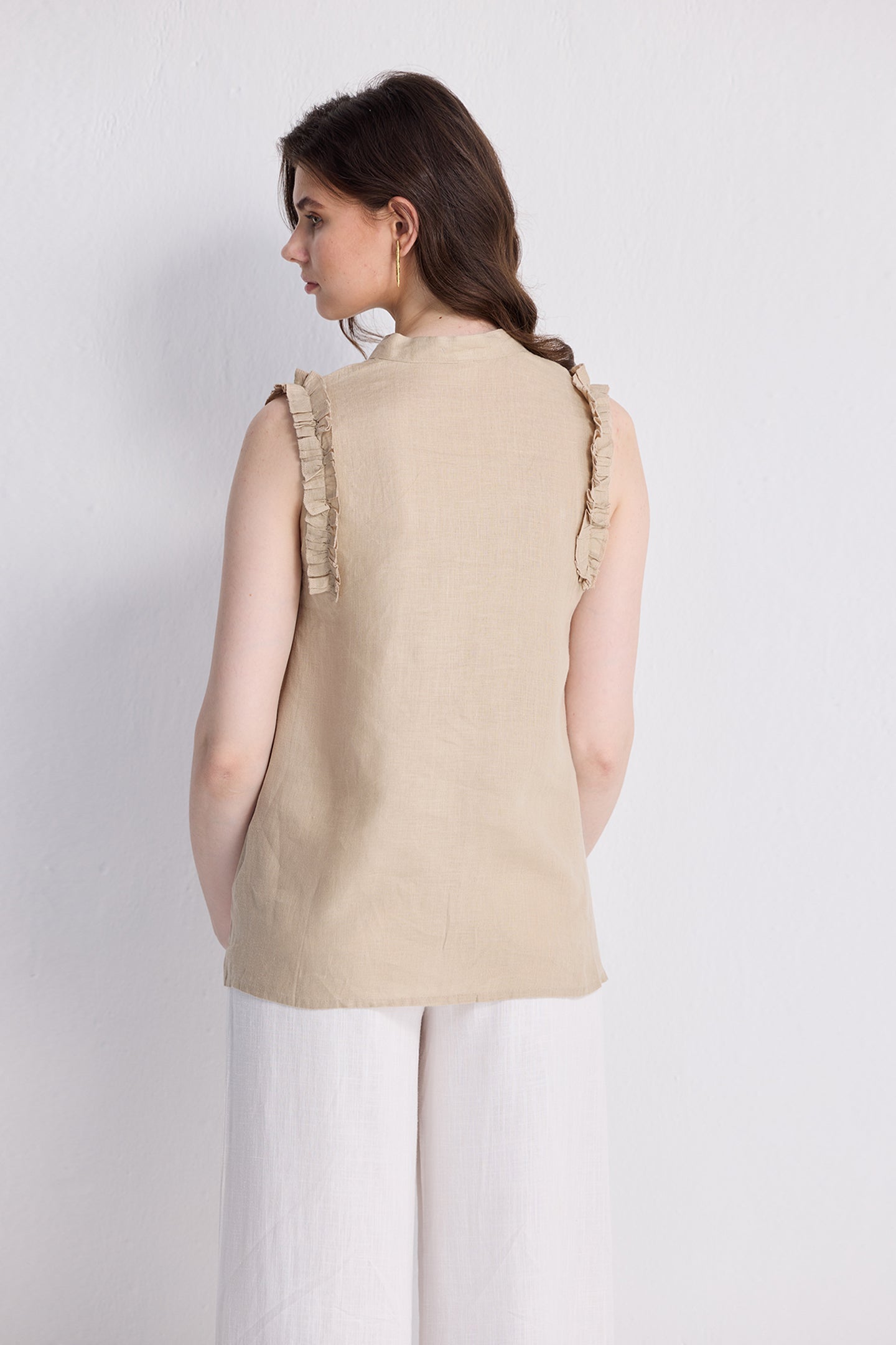 Sleeveless Hemp Top with Ruffles in Neutral Beige