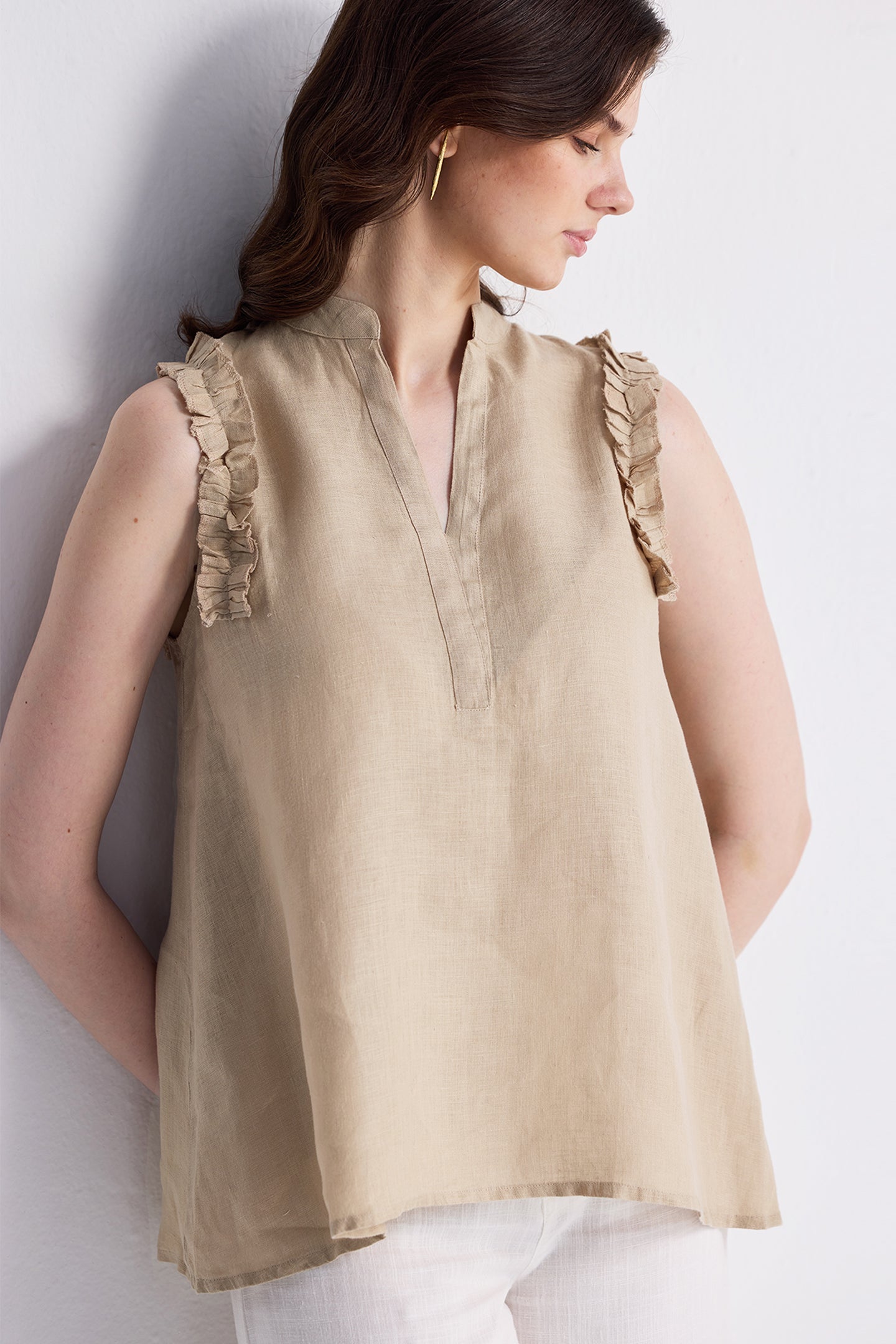 Sleeveless Hemp Top with Ruffles in Neutral Beige