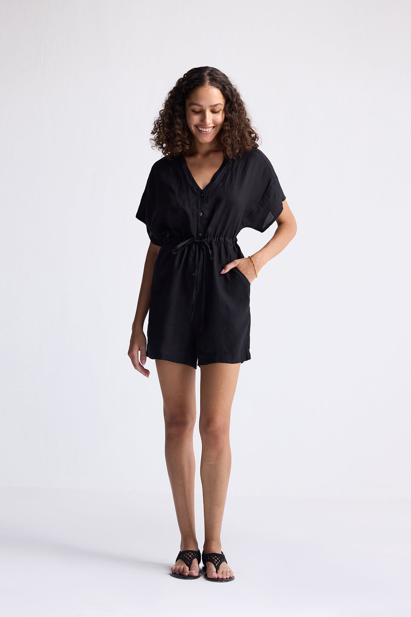 V neck Drawstring Romper in Black