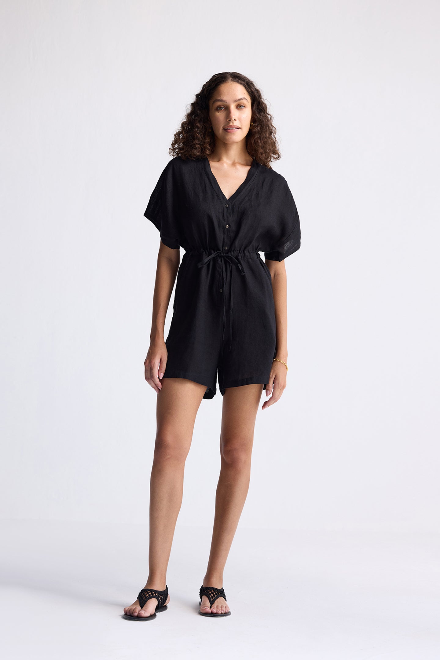 V neck Drawstring Romper in Black