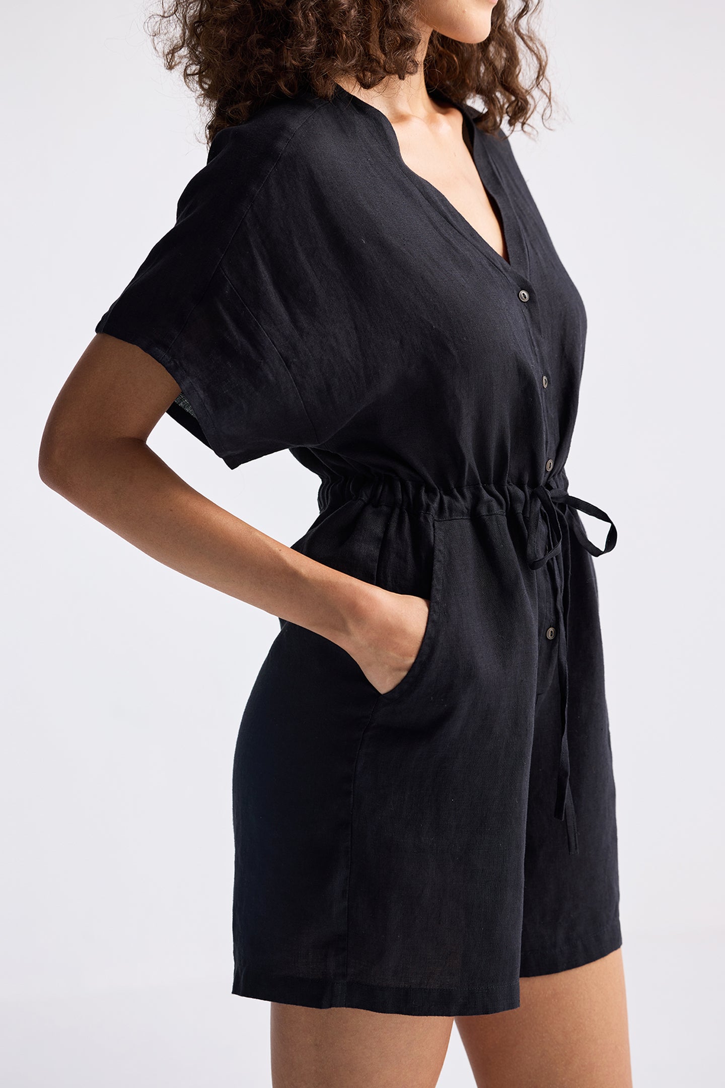 V neck Drawstring Romper in Black