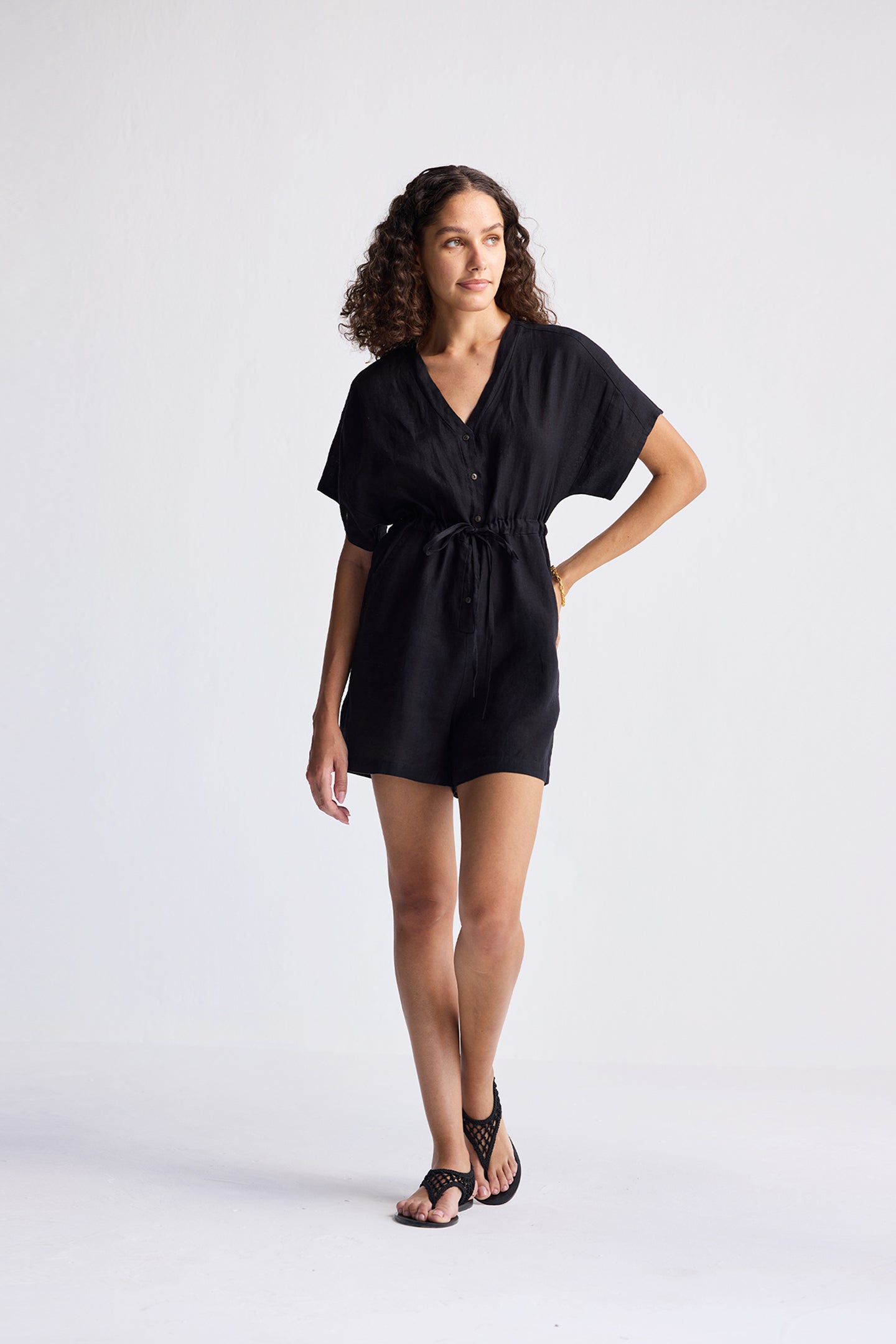 V neck Drawstring Romper in Black