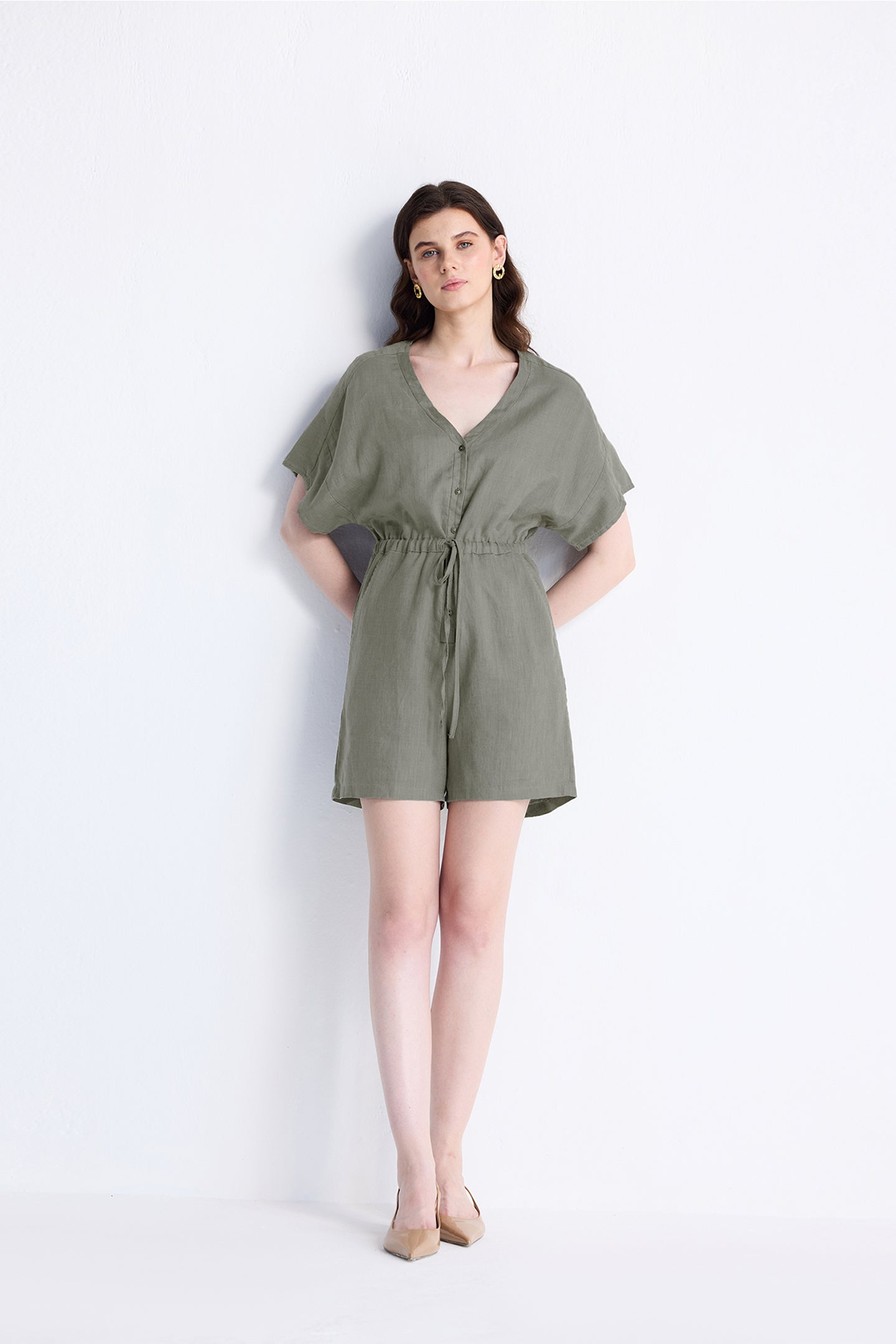 V neck Drawstring Romper in Dark Green