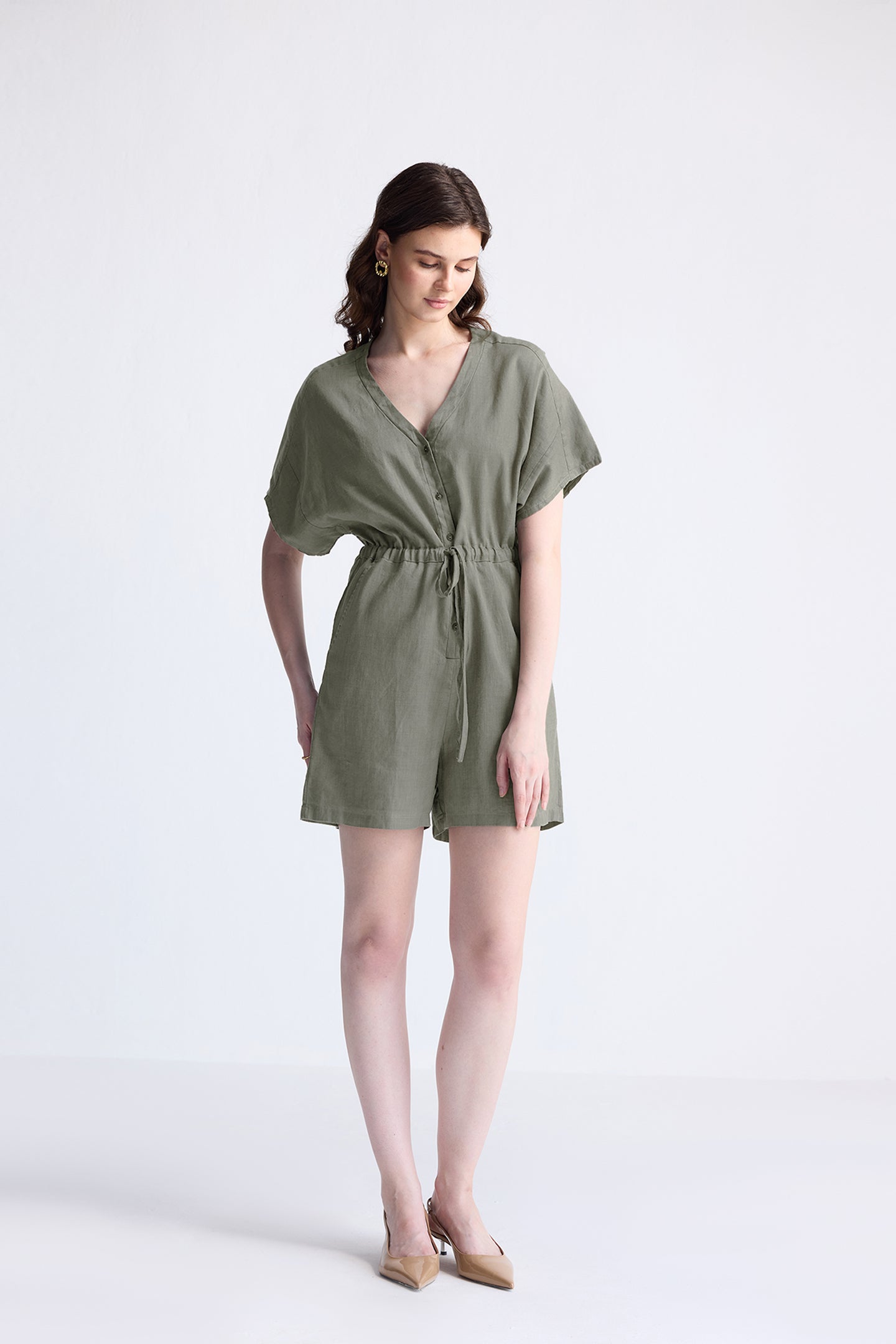 V neck Drawstring Romper in Dark Green