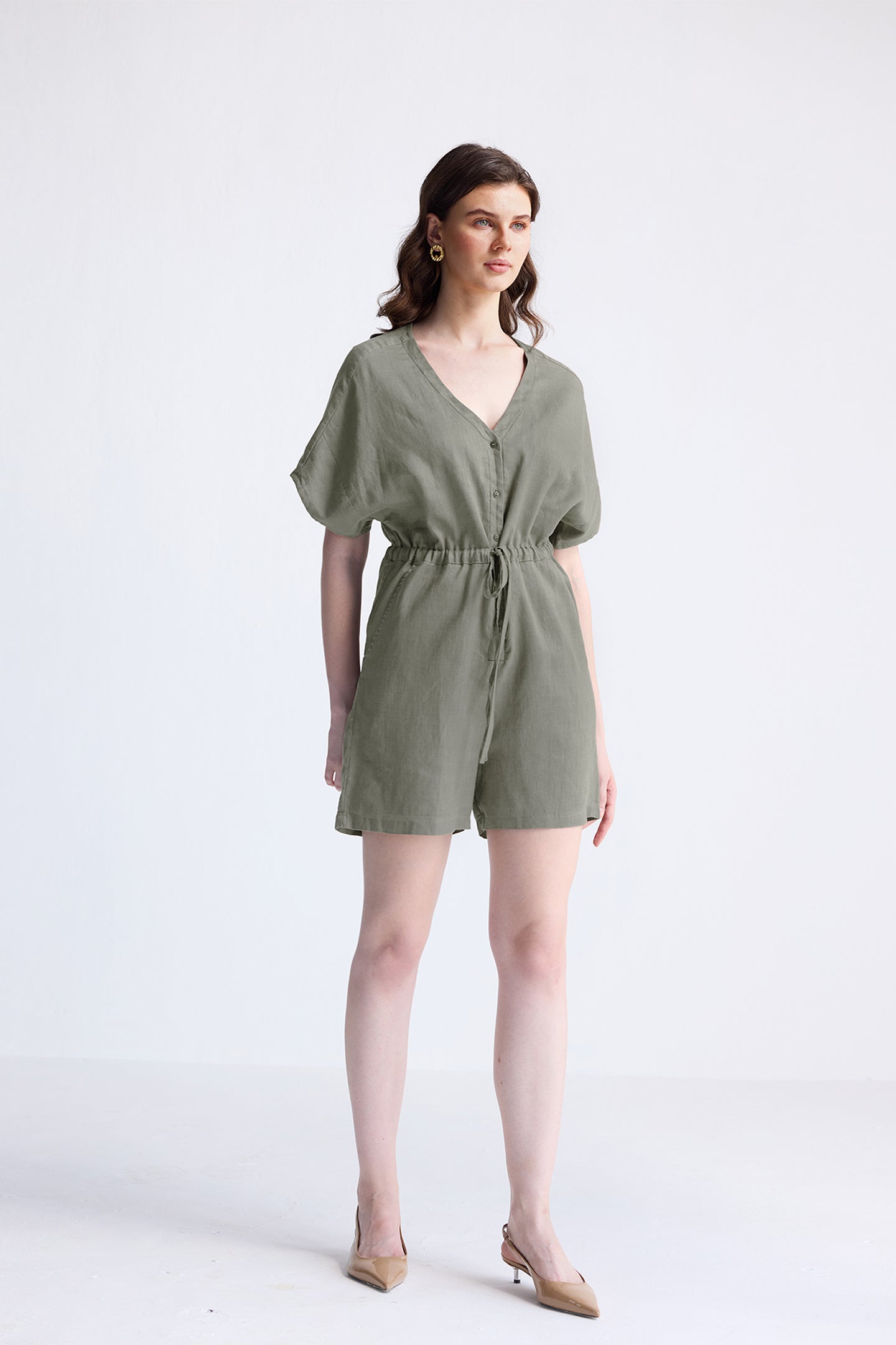 V neck Drawstring Romper in Dark Green