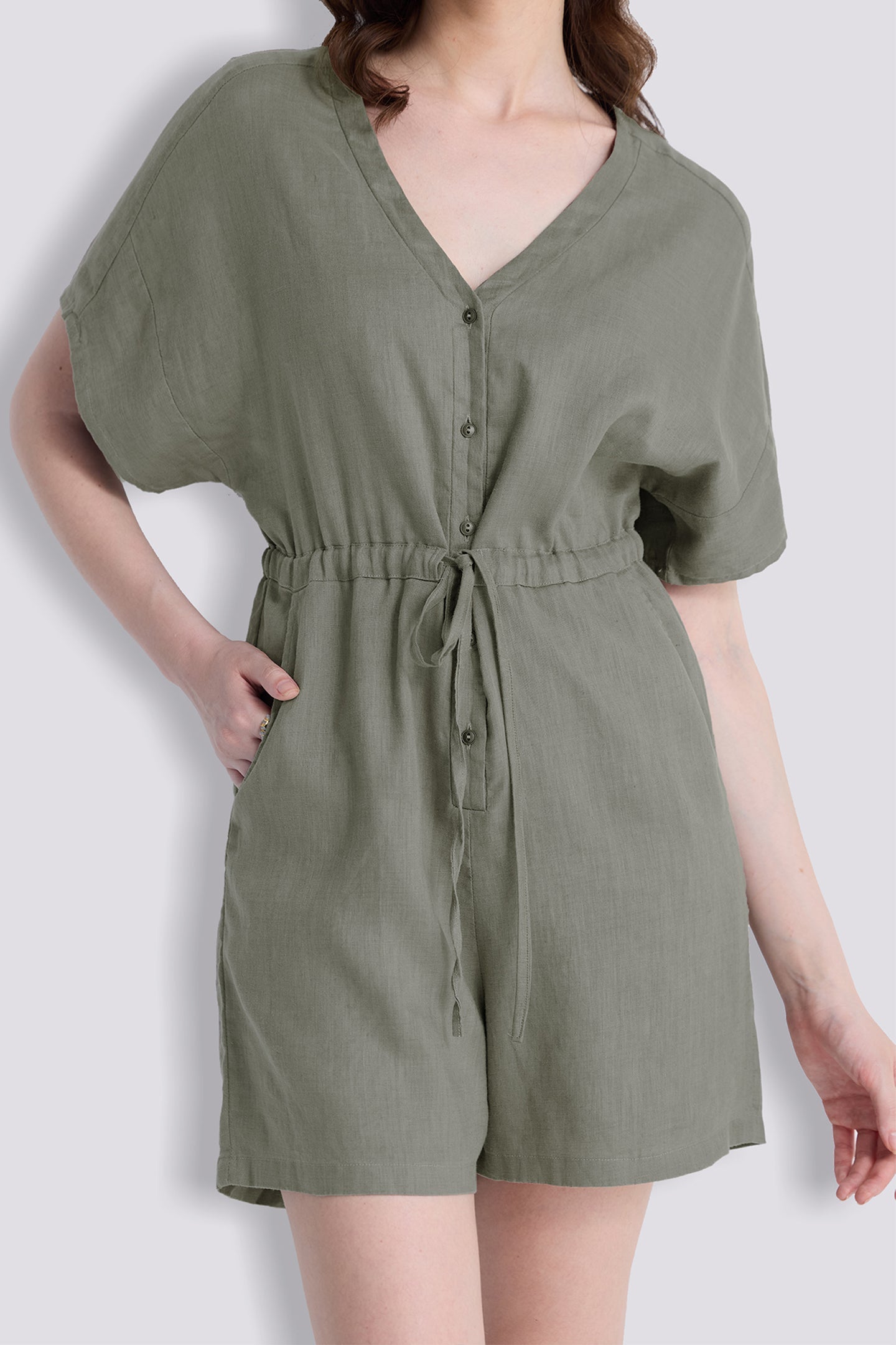 V neck Drawstring Romper in Dark Green