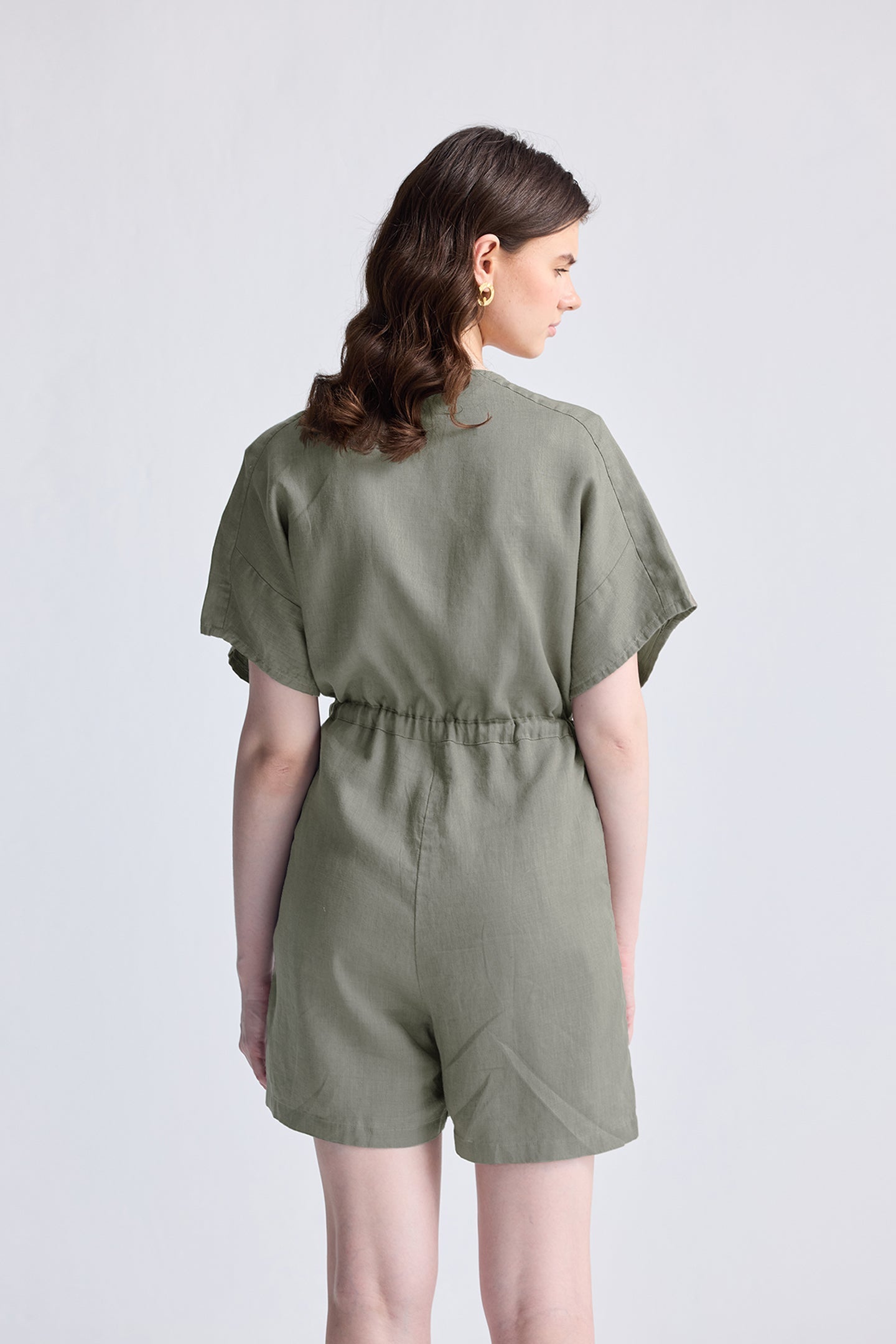 V neck Drawstring Romper in Dark Green