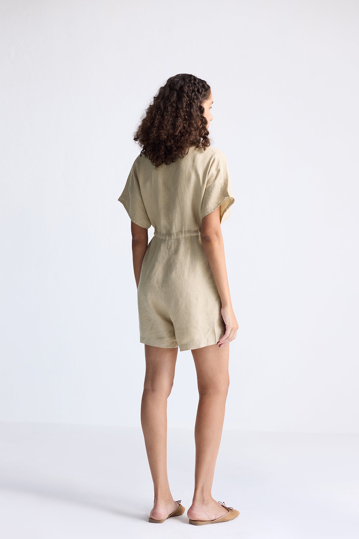 V neck Drawstring Romper in Neutral Beige