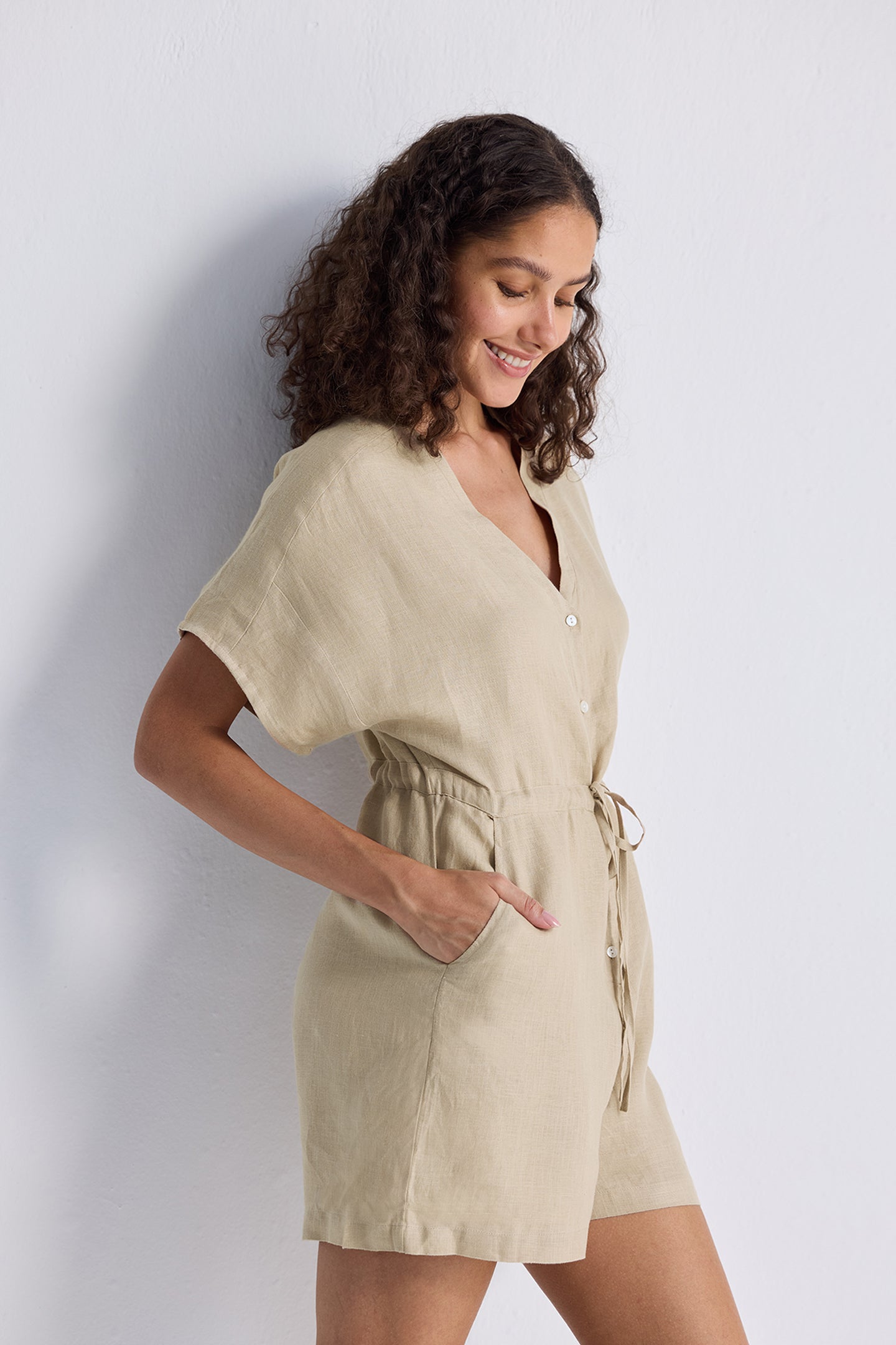 V neck Drawstring Romper in Neutral Beige