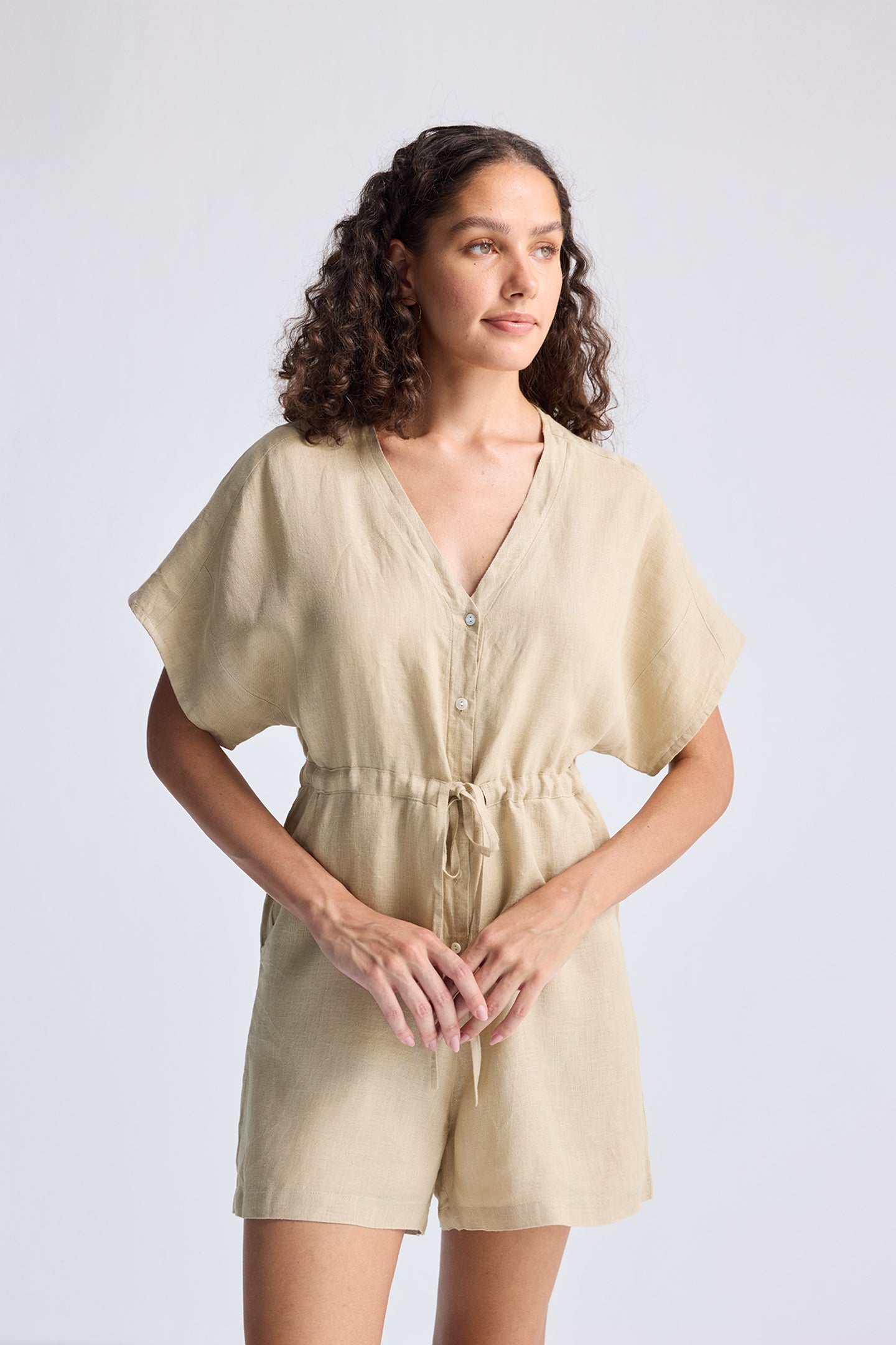 V neck Drawstring Romper in Neutral Beige