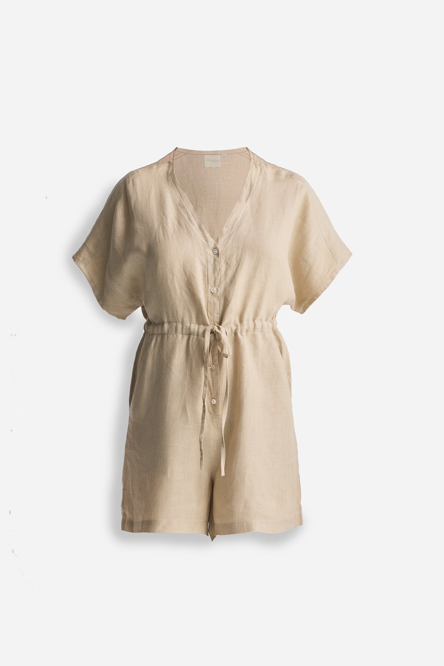 V neck Drawstring Romper in Neutral Beige