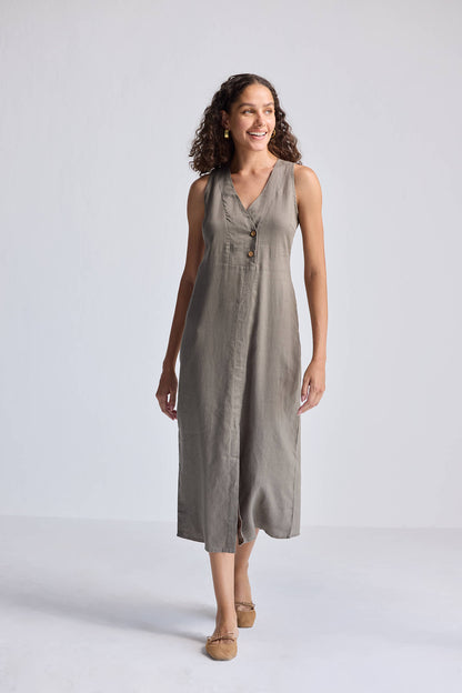 Straight Dress with Front Slit in Dark Green Hemp