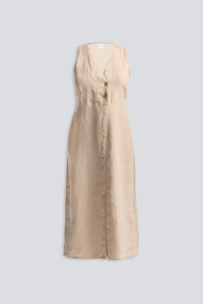 Straight Dress with Front Slit in Neutral Beige Hemp