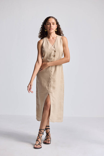 Straight Dress with Front Slit in Neutral Beige Hemp