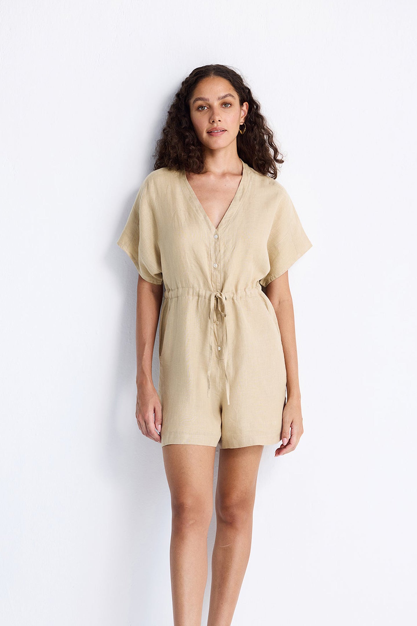 V neck Drawstring Romper in Neutral Beige