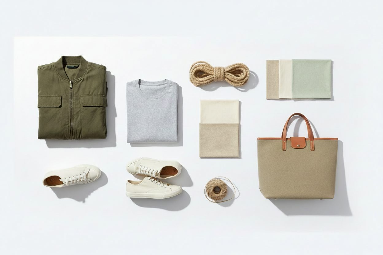 Folded hemp jacket, t-shirt, coiled hemp rope, hemp canvas tote and hemp sneakers arranged on a light surface