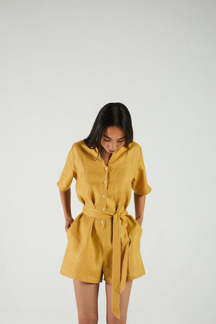 Barefoot in the Park Romper in Mustard