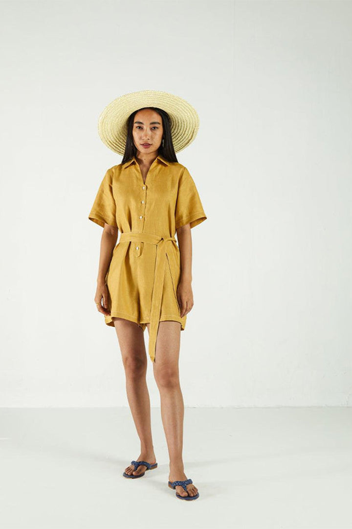 Barefoot in the Park Romper in Mustard