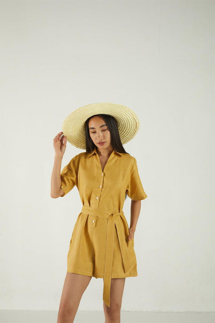 Barefoot in the Park Romper in Mustard