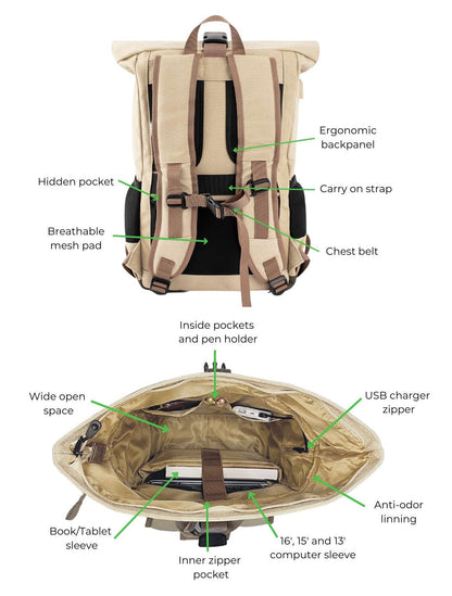 Everyday Hemp Rolltop Backpack in Beige and Green